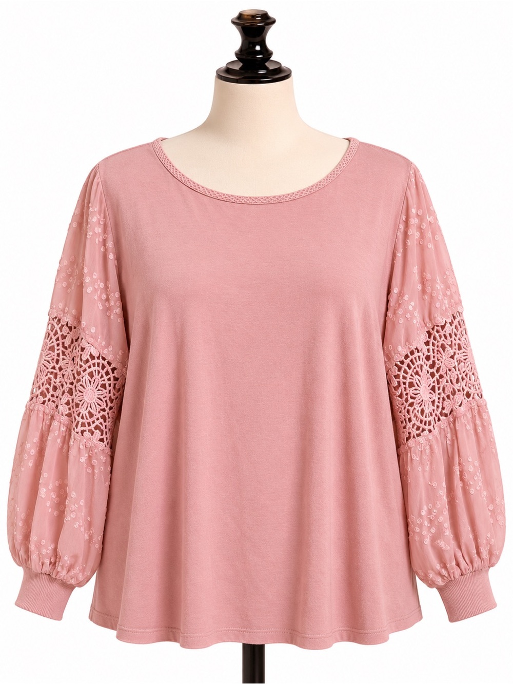 Boho Lace-Inset Long Sleeve Top in Dusty Rose